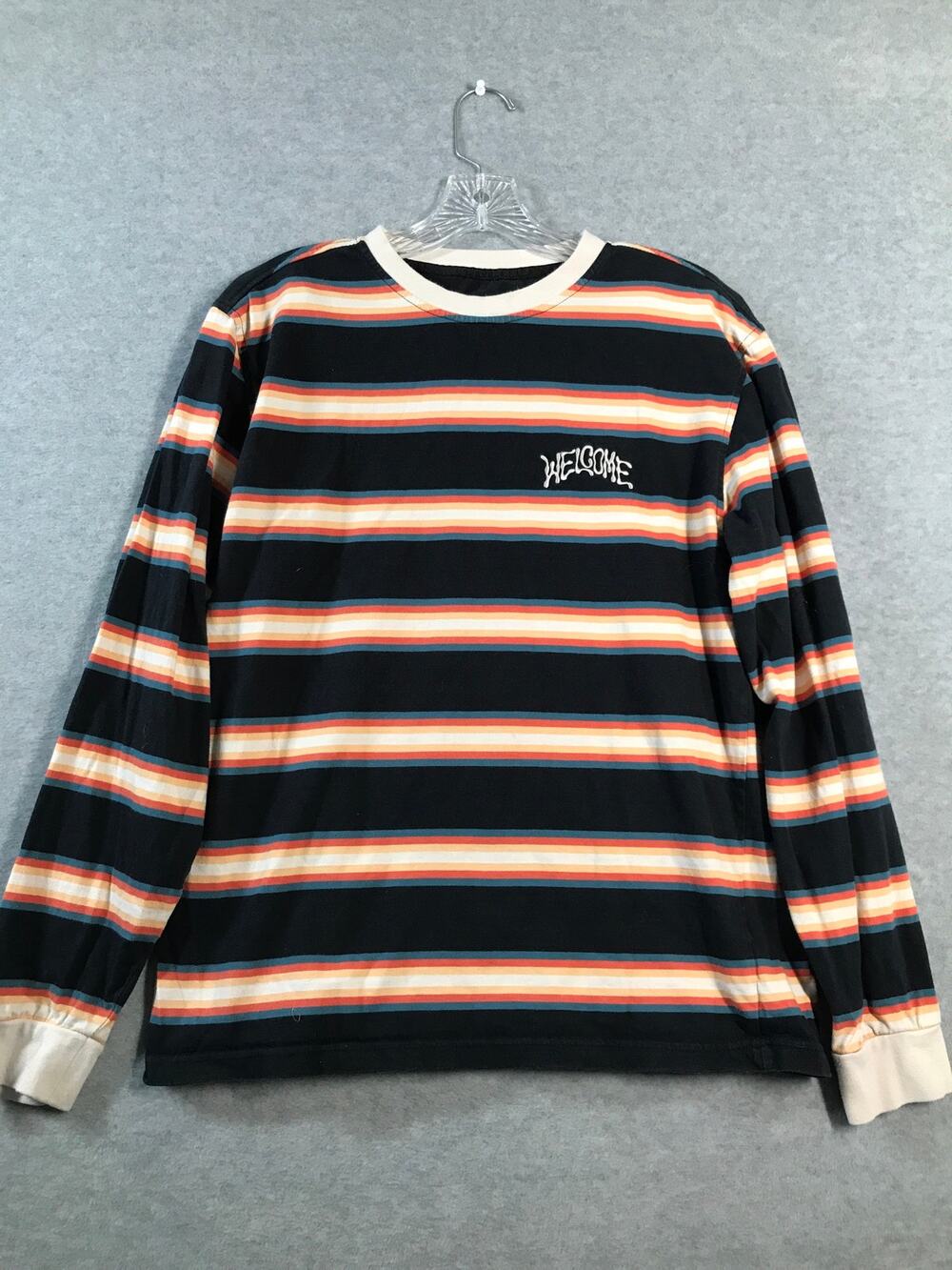 Welcome Skateboard Long Sleeve Stripped Mens T-Shirt Size L